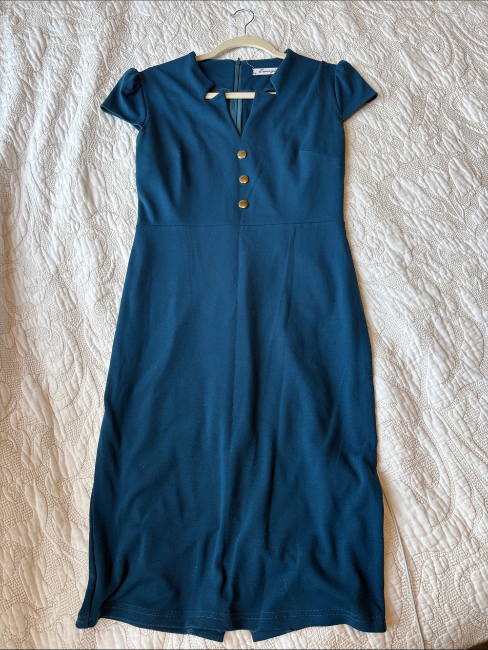 Classic Teal Midi Dress with Gold Buttons